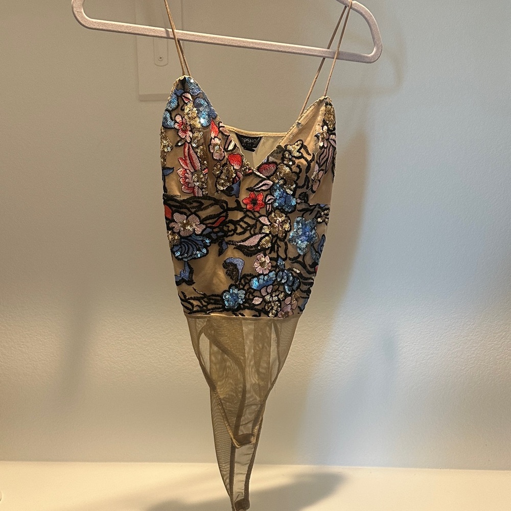 Topshop Sequin Floral Bodysuit in Black and Blue